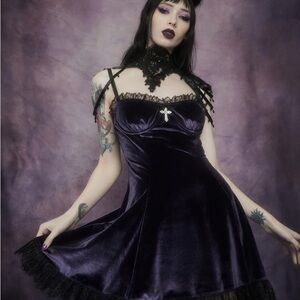 Dolls Kill Widow Violet Blind Faith Velvet Dress with Cross Charm NWT Rare XL